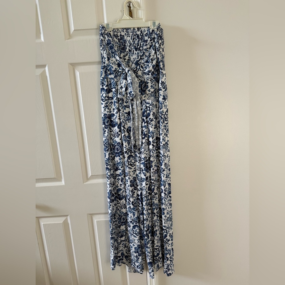 francesca’s blue and white tie front jumpsuit